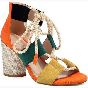 Suede Lace Up Sandals with Chunky Block Heel and Braided Strap